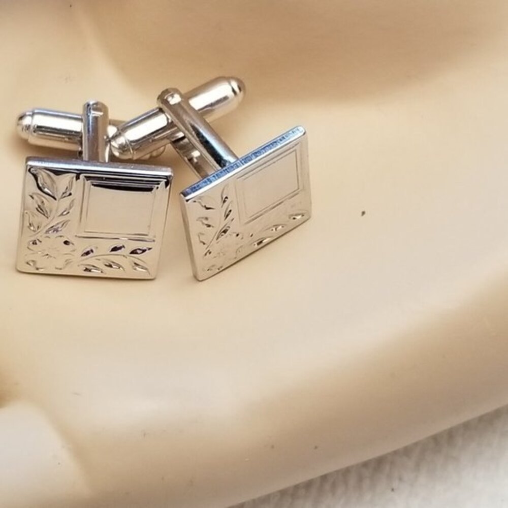 Vintage Silver Tone Square Leaf Cufflinks Classic… - image 3